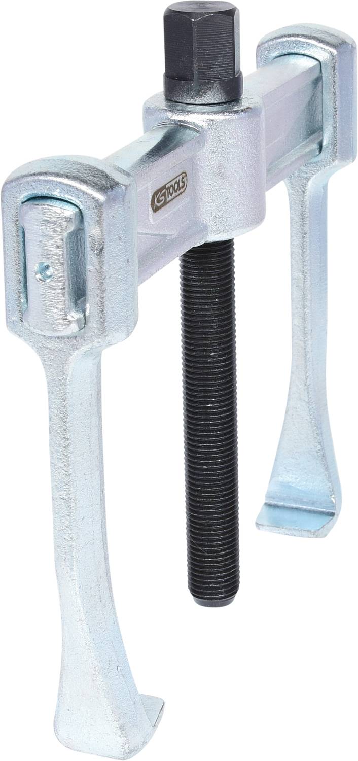 Two-armed metal puller with screw mechanism for removing components, such as gears, from a shaft.