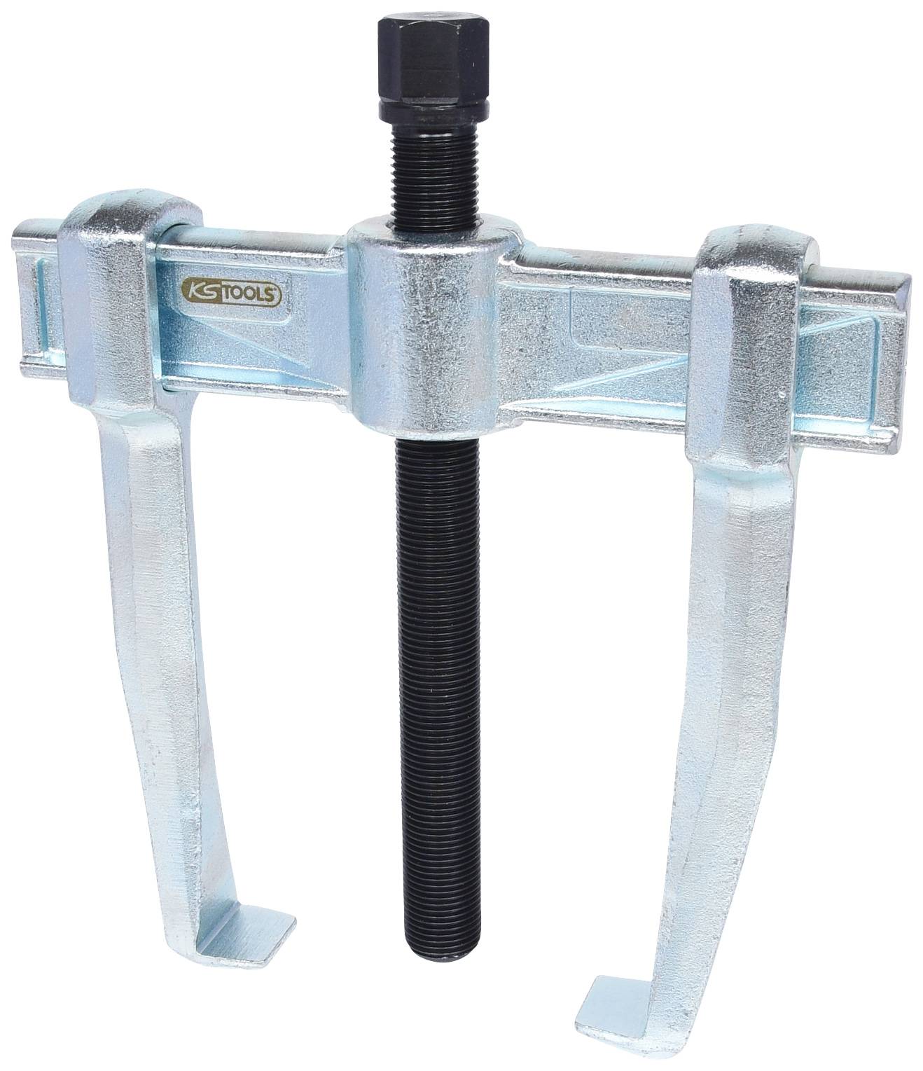 Two-legged metal puller with screw mechanism, used for removing bearings or gears from shafts.