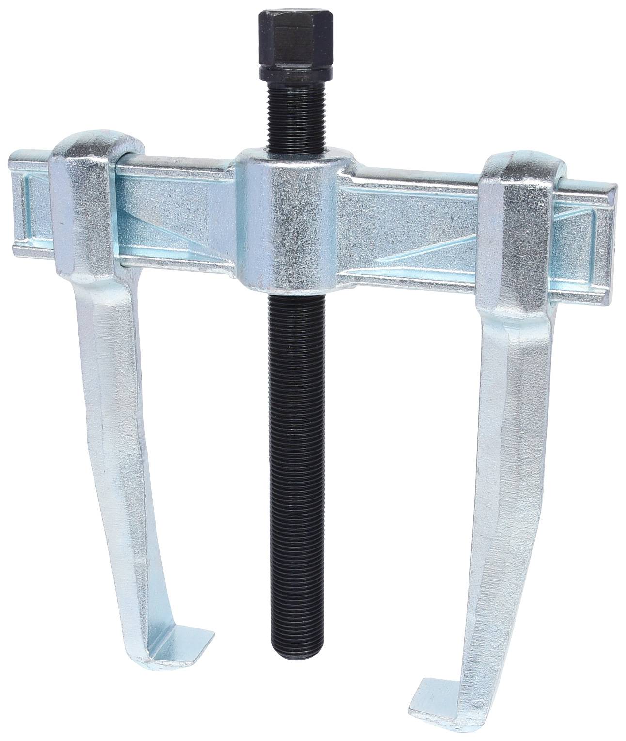 Two-armed metal puller with a central screw, used for removing bearings or gears from a shaft.