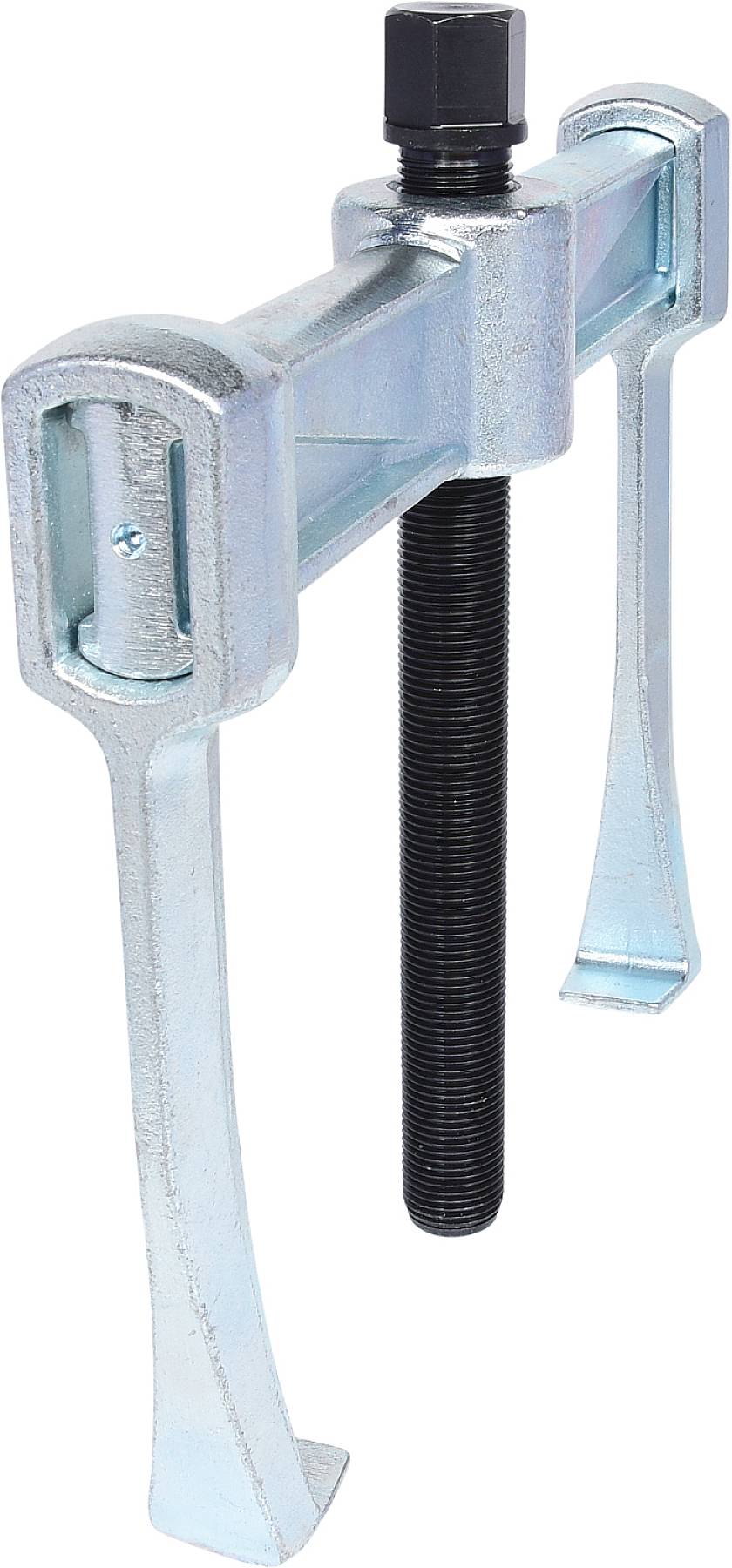 A two-legged metal puller with a long threaded bolt, used for removing bearings or gears from a shaft.