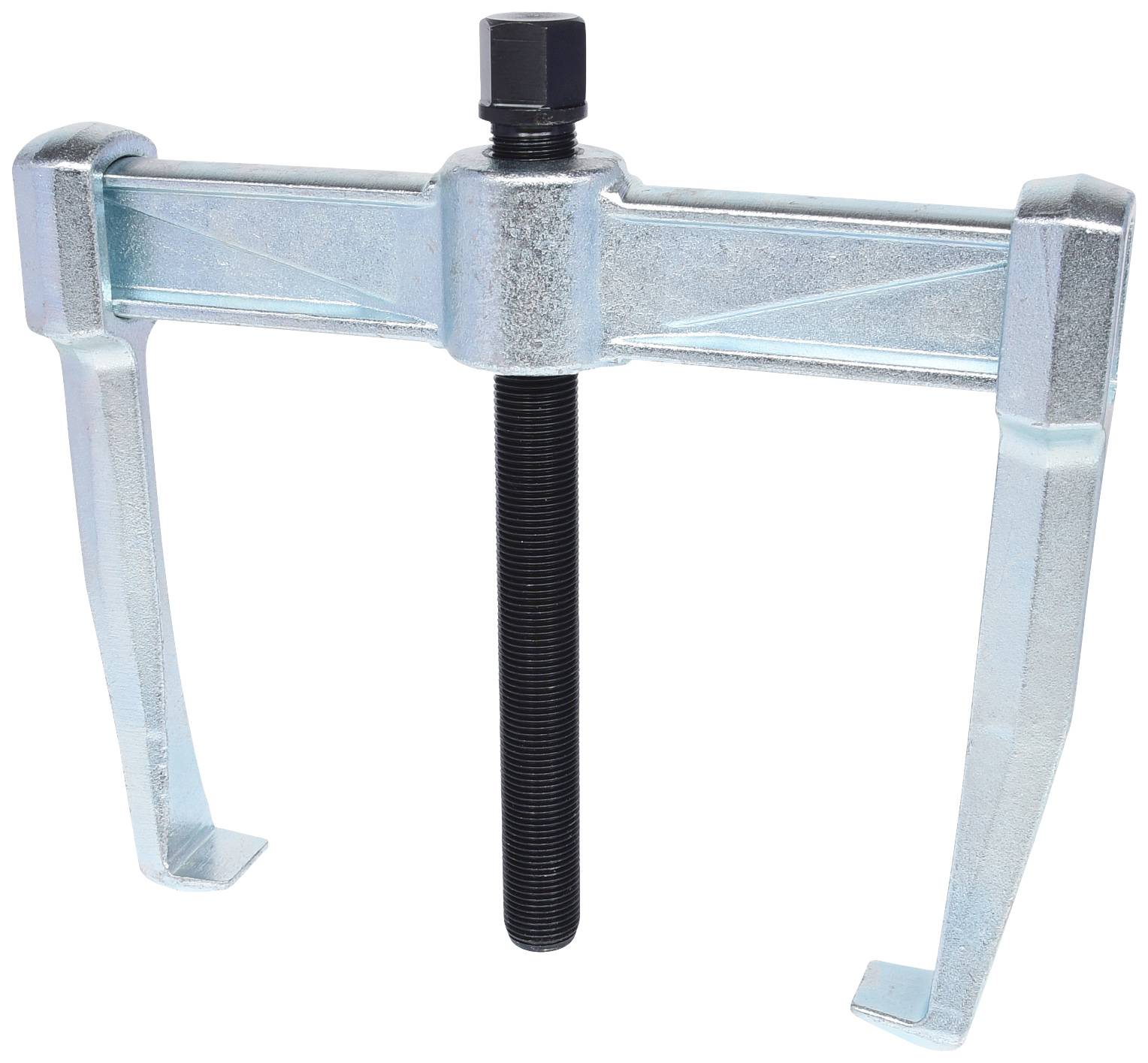 Metal two-jaw puller, for removing stuck parts from shafts, with central threaded rod for even pressure.