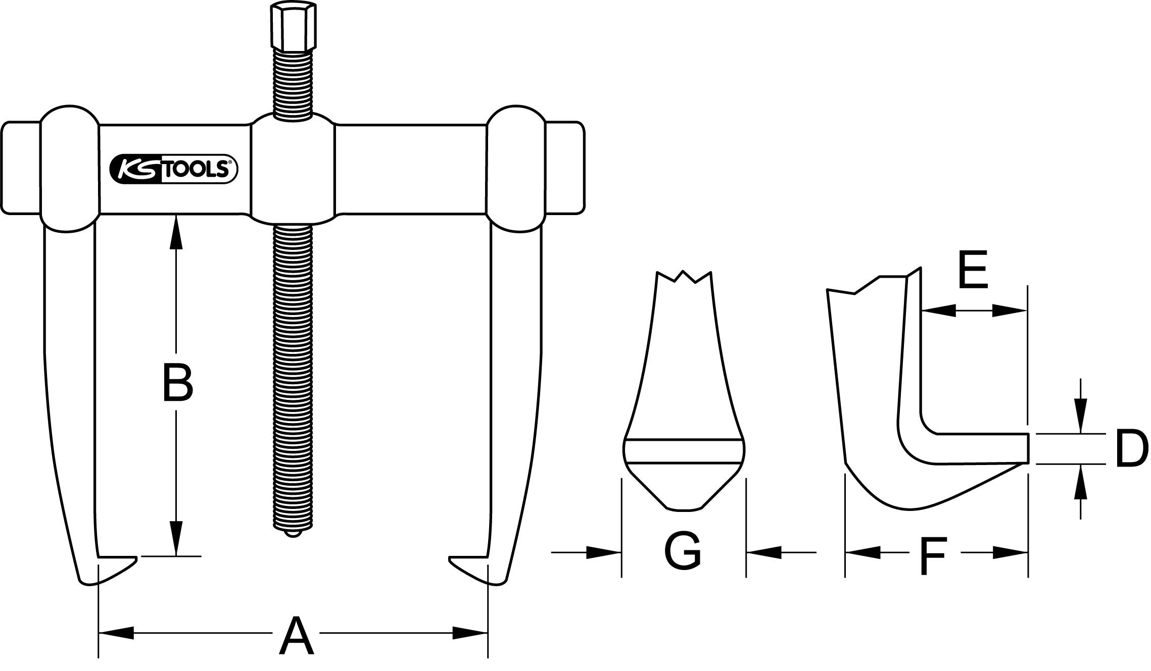 Figure of a two-legged puller for removing stuck parts, with dimensions A, B, D, E, F, G marked for size description.