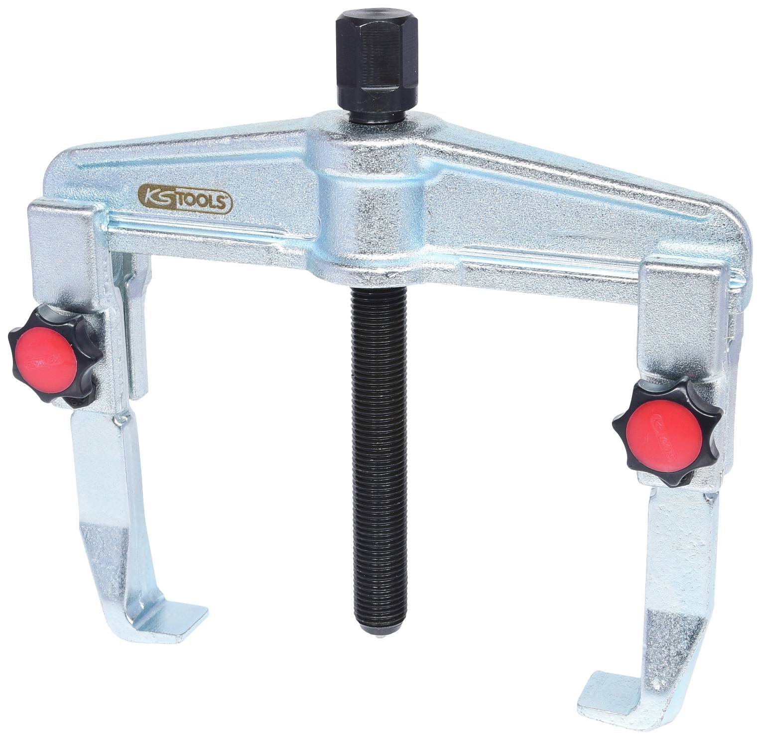 A silver-coloured puller with two arms and red buttons, used for removing bearings or similar components.