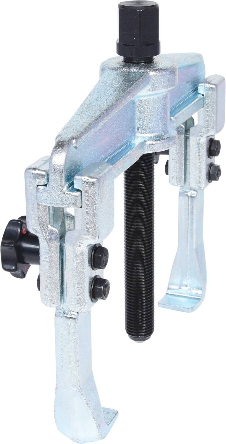 A metallic puller tool with two gripping arms and a central screw for removing seized components.