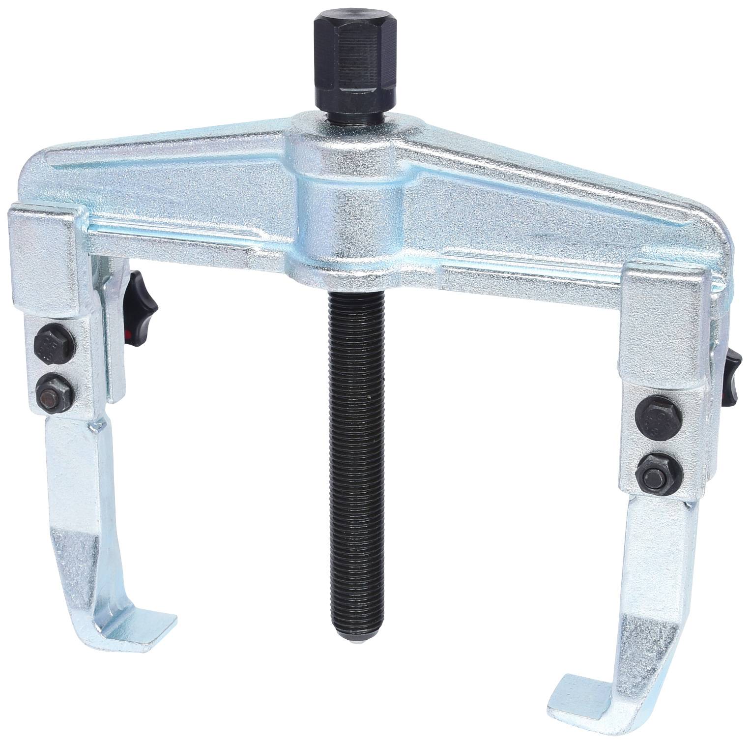 A metallic puller with two arms and a central screw. Used for removing bearings or bushes.
