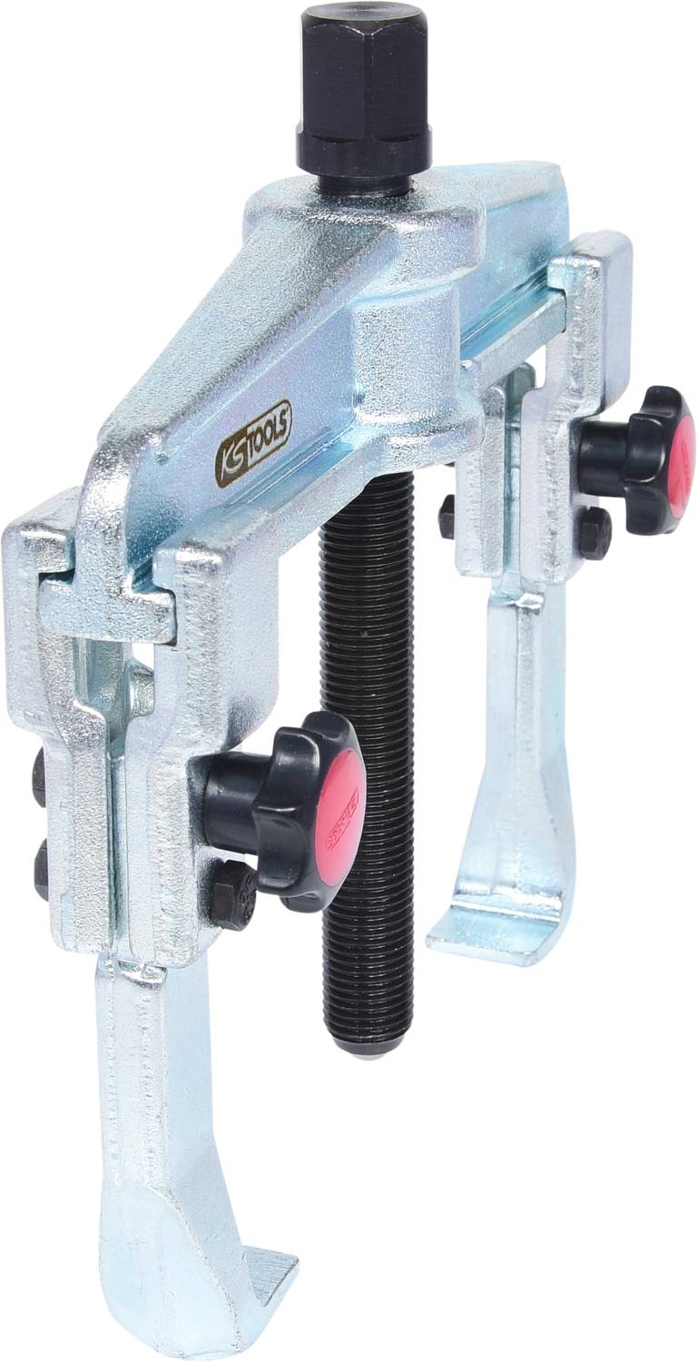 Two-claw metal puller with a central screw mechanism, used for removing bearings or gears.