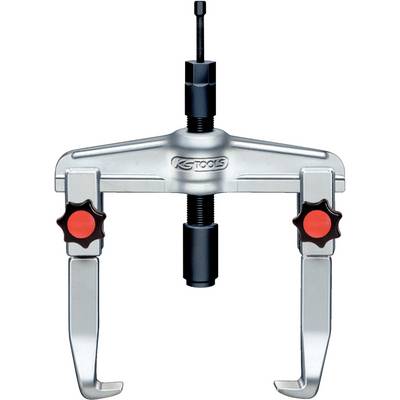 Two-pronged metal puller with red turning knobs on both sides, used for removing bearings or pulleys.
