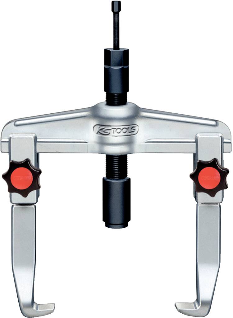 Two-legged puller with red locking mechanism, used for removing bearings or gears. Metallic with central screw mechanism.