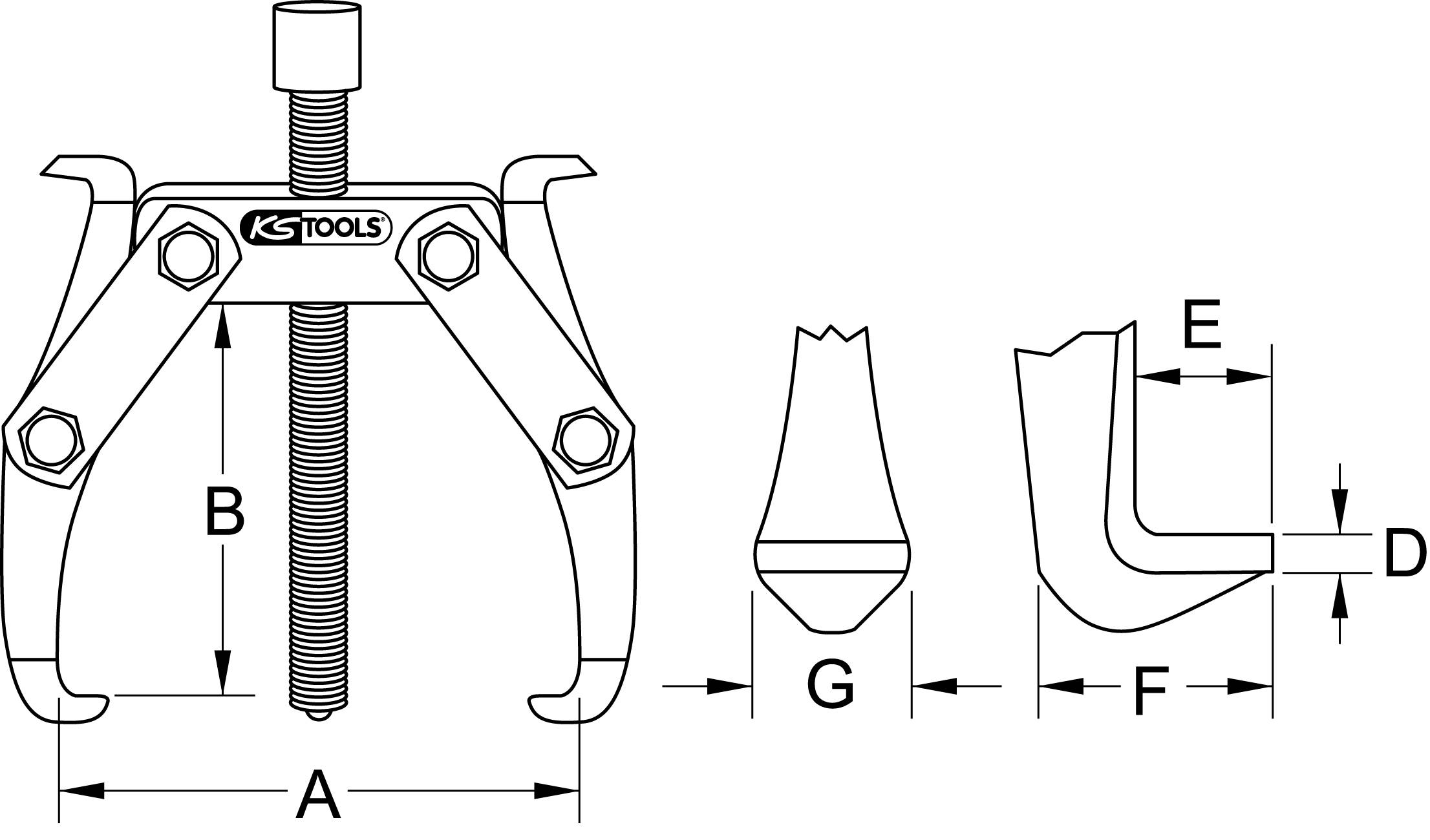 Technical drawing of a puller with dimensions: A, B, D, E, F, G. Shows various views and parts for removing bearings.