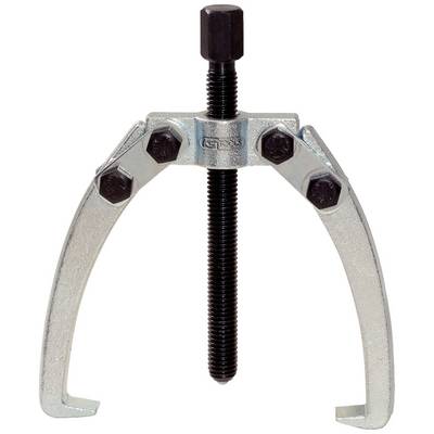 A metal puller with two curved arms and a central screw for use in mechanical repair or assembly.