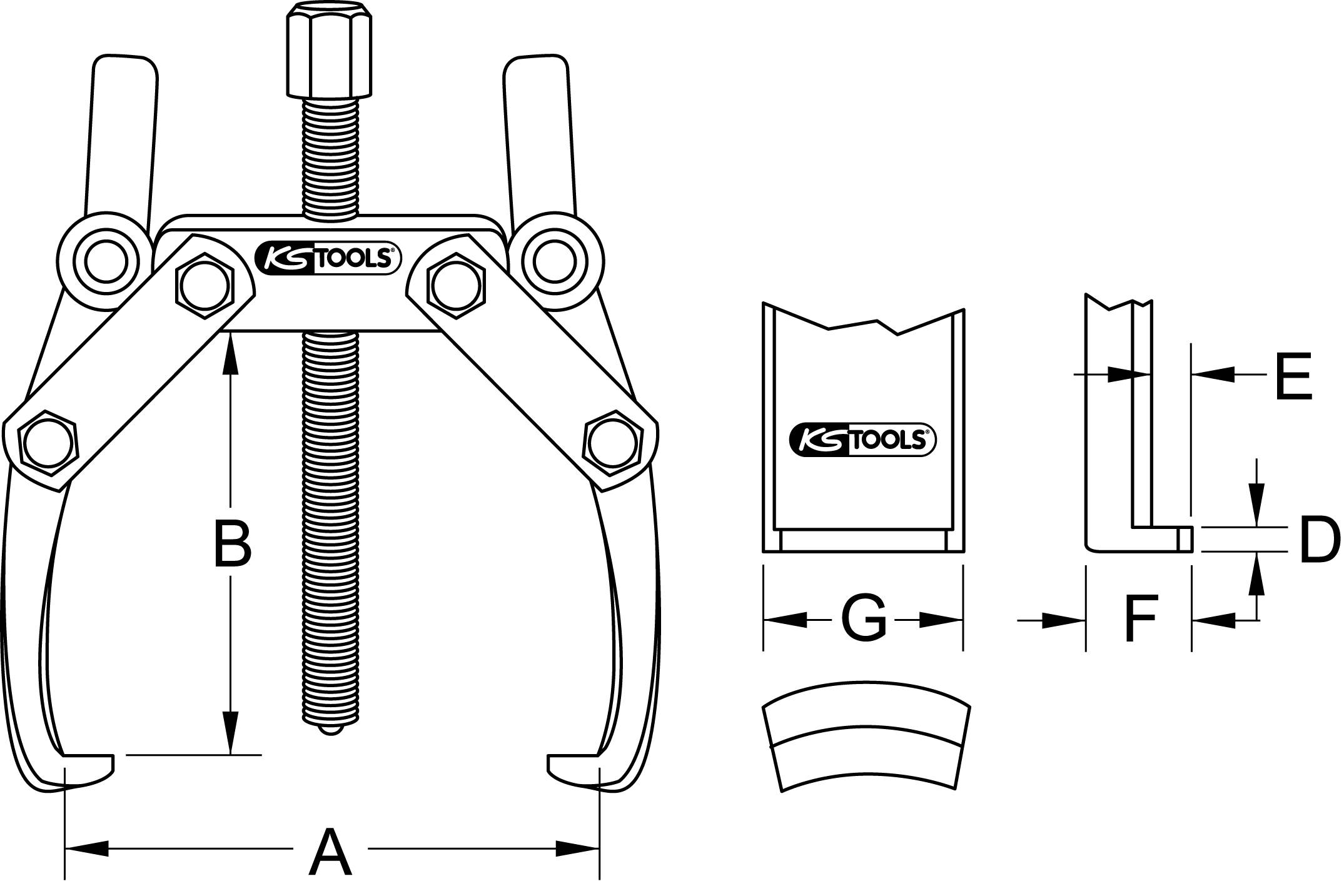 'KS Tools' Puller Diagram with Dimensions: A, B, D, E, F, G. Technical drawing shows front and side view of the tool.