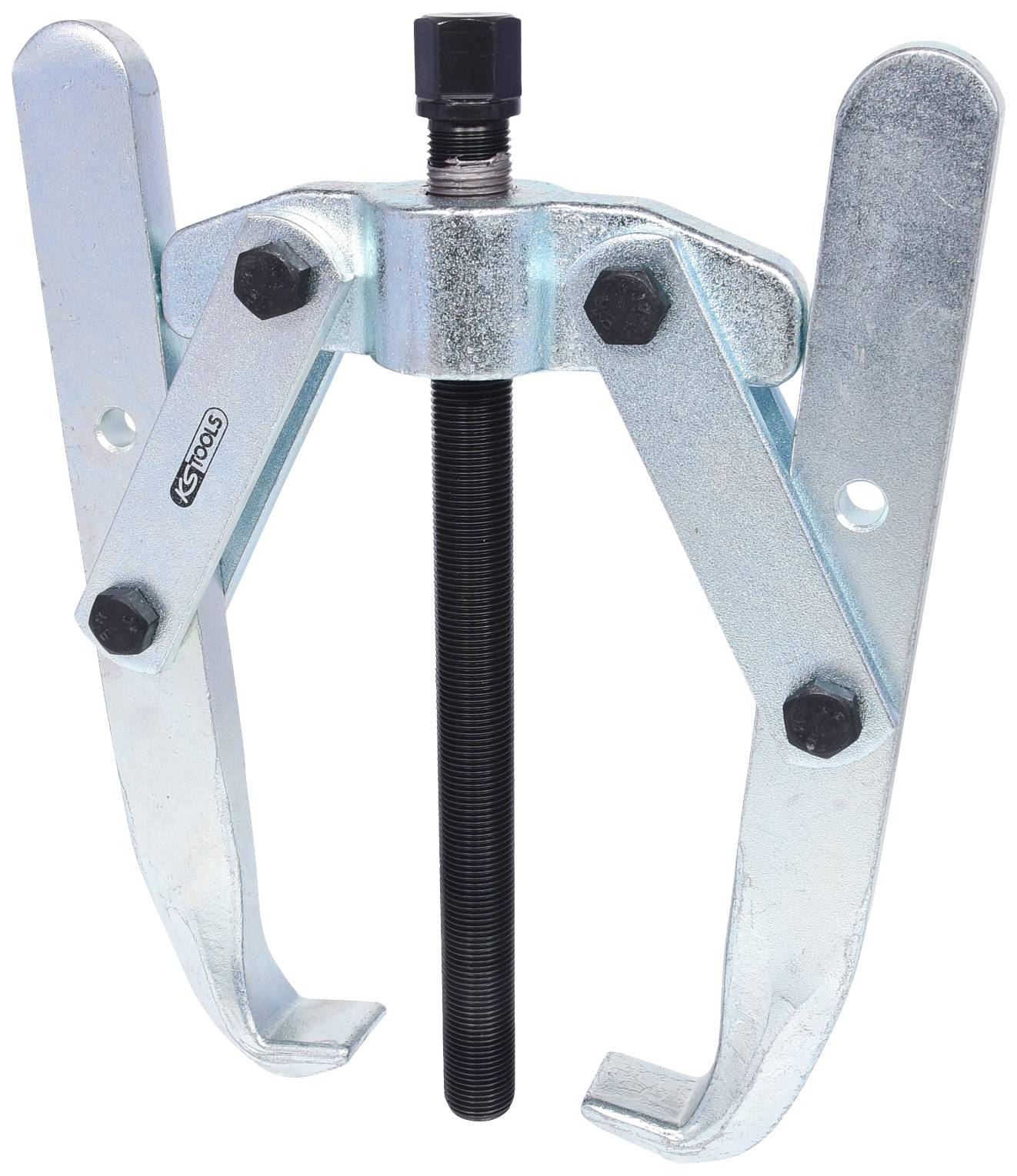 Two-armed metal puller with screw; used for removing bearings or gears.