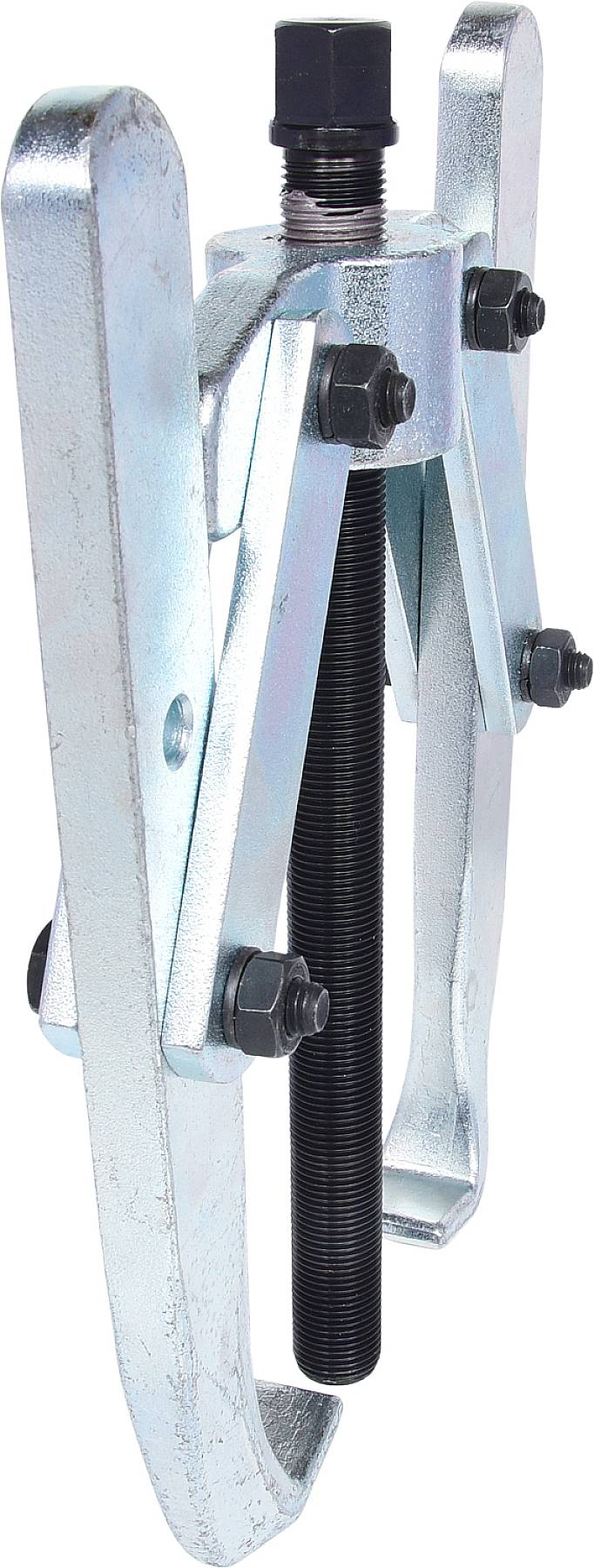 Metal two-legged puller with a central threaded bolt, used for removing bearings or gears from shafts.