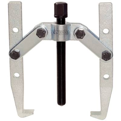 Two-pronged puller with metal arms and a central screw, used for loosening tightly fitted components such as bearings or gears.