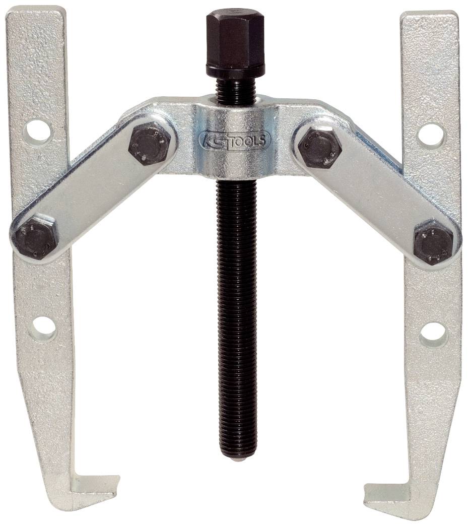 Two-pronged metal puller with a central spindle and hooks on the arms, used for removing stuck parts.