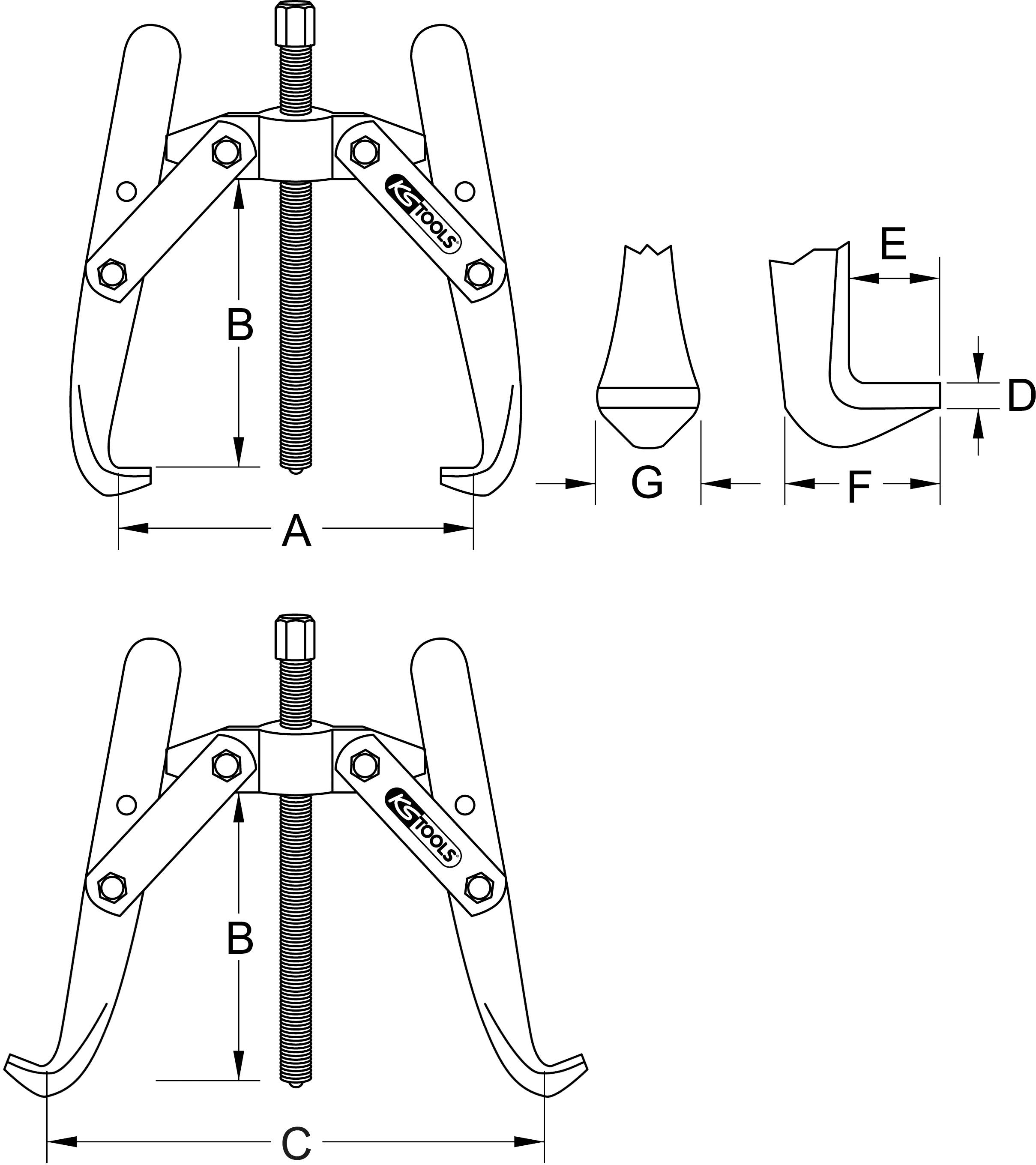 Technical drawing of a puller with dimensions: 'A', 'B', 'C', and detailed views with dimensions 'D', 'E', 'F', 'G'.