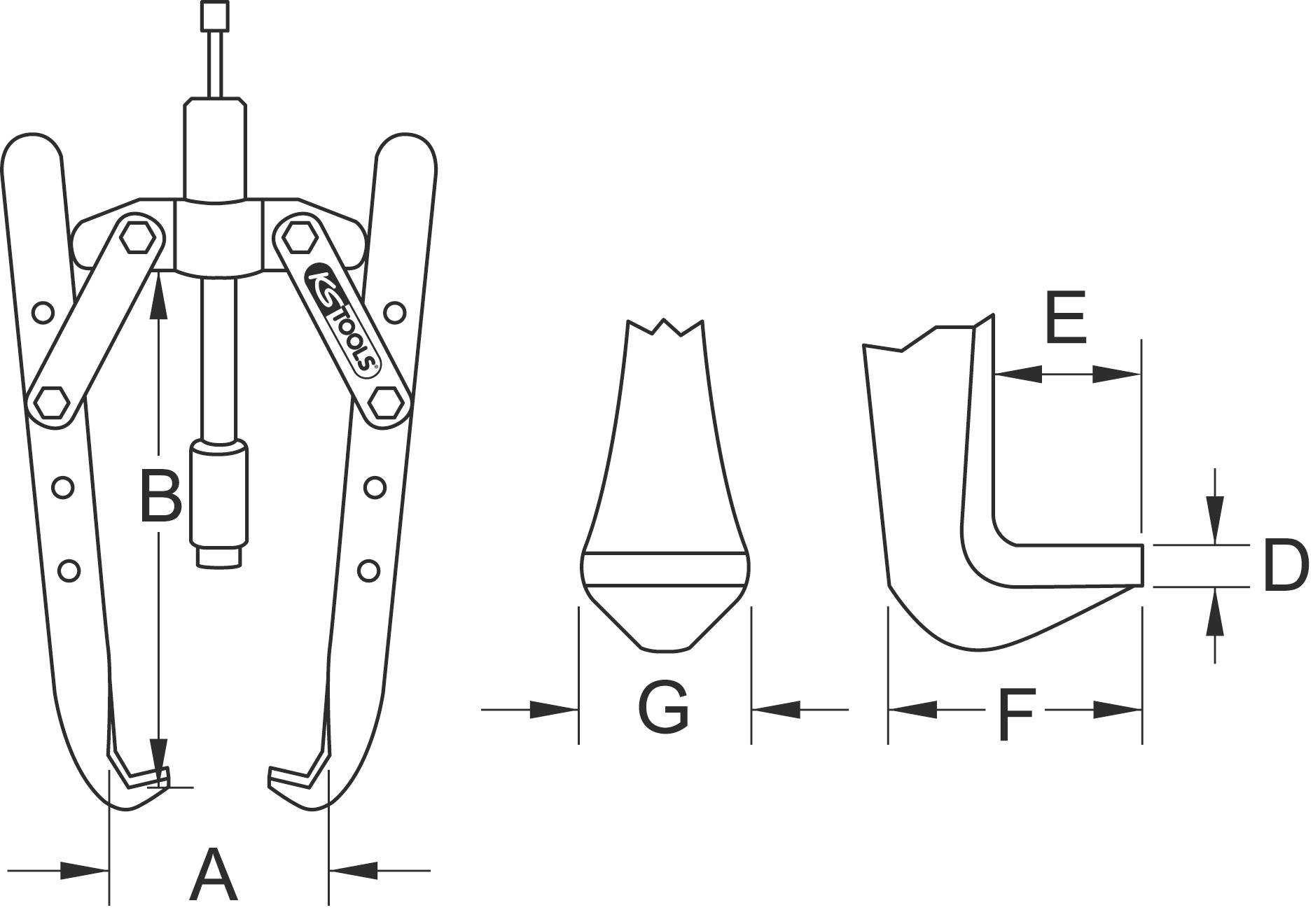 Mechanical Puller and Dimensional Sketch. Left: Puller with Two Arms and Central Screw. Right: Detailed View of Arms with Dimensional Measurements A, B, D, E, F, G.