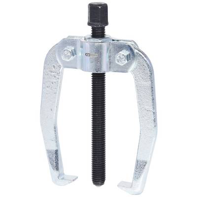 A silver puller with two arms and a central screw for removing bearings or gears in mechanical applications.