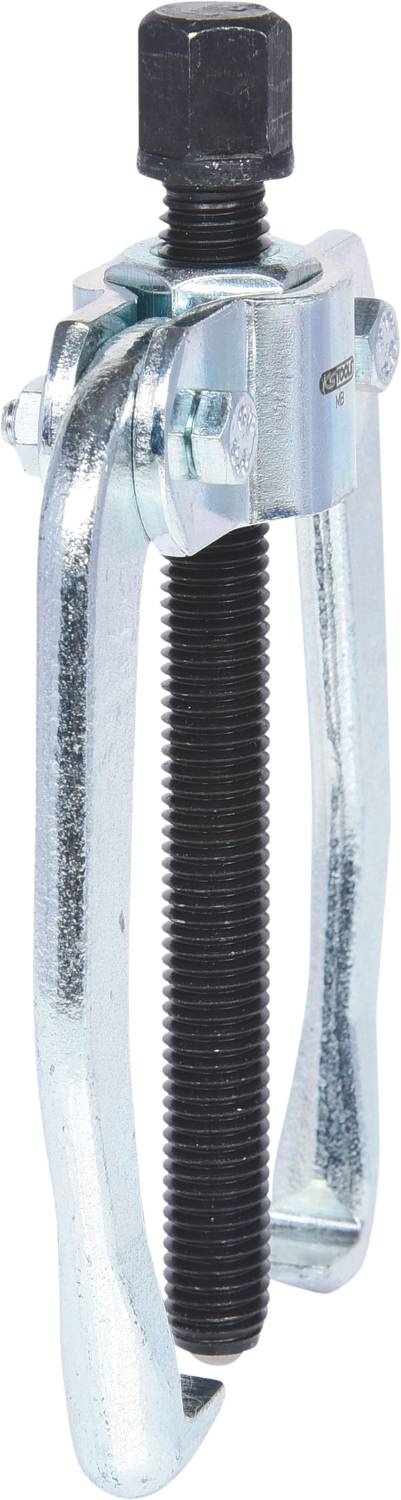 Two-arm metal puller with threaded screw for removing bearings or gears from a shaft.