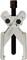 Metal puller tool with two arms and a central screw, used for removing stuck parts such as gears.