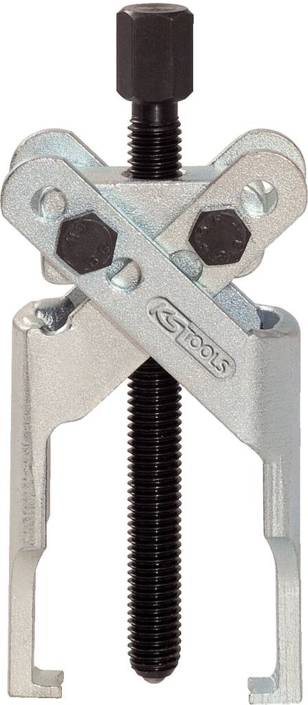 Two-arm puller tool with a black threaded rod and silver metal surface, suitable for removing bearings or gears.