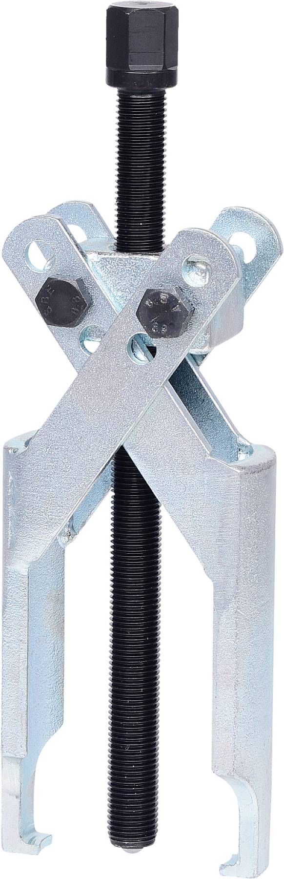 A metal puller with two gripping arms and screw thread, used for removing components such as gears or bearings from a shaft.
