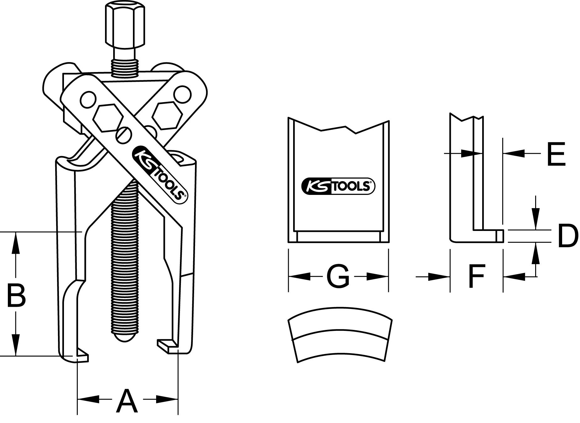 KS Tools Puller Diagram with Dimensions: A (Base Width), B (Height), D (Jaw Width), E (Arm Angle), F (Arm Length), G (Handle Length).
