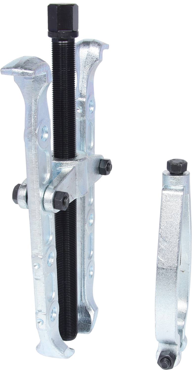 Two mechanical metal pullers, one upright and one horizontal, used for removing bearings or gears.
