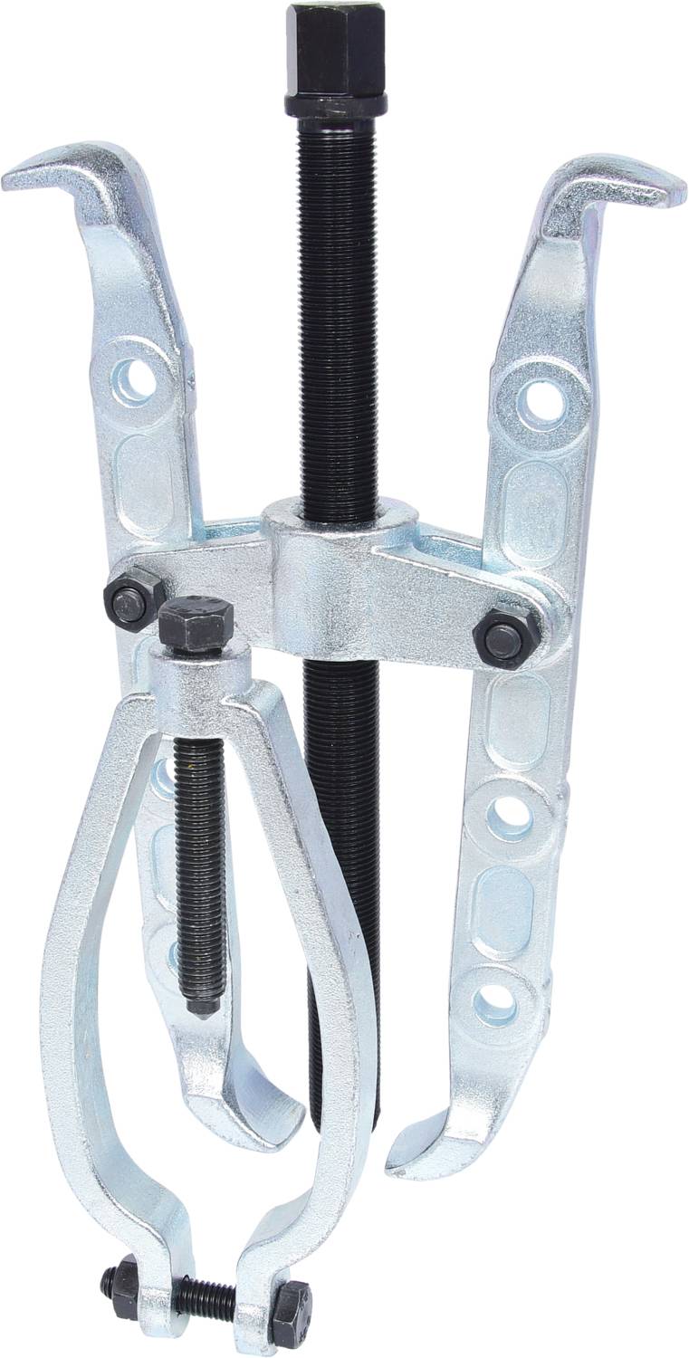 A silver two-arm puller with a central threaded rod for removing bearings or gears from shafts.