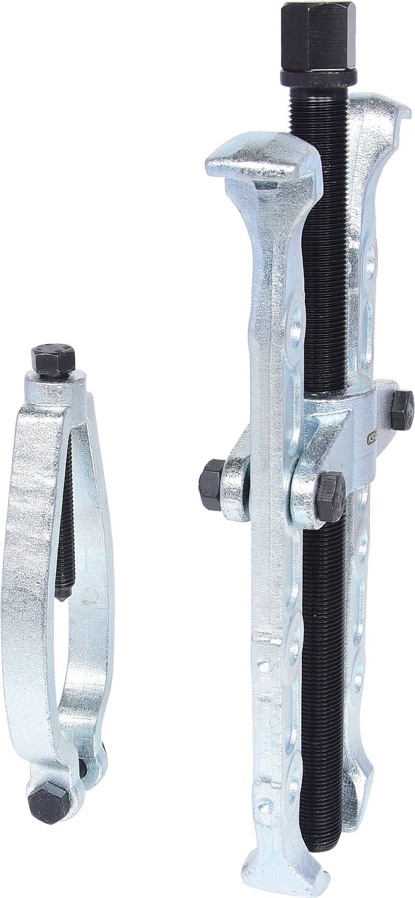 Two metal pullers of different sizes, standing side by side; tools for removing bearings or gears.