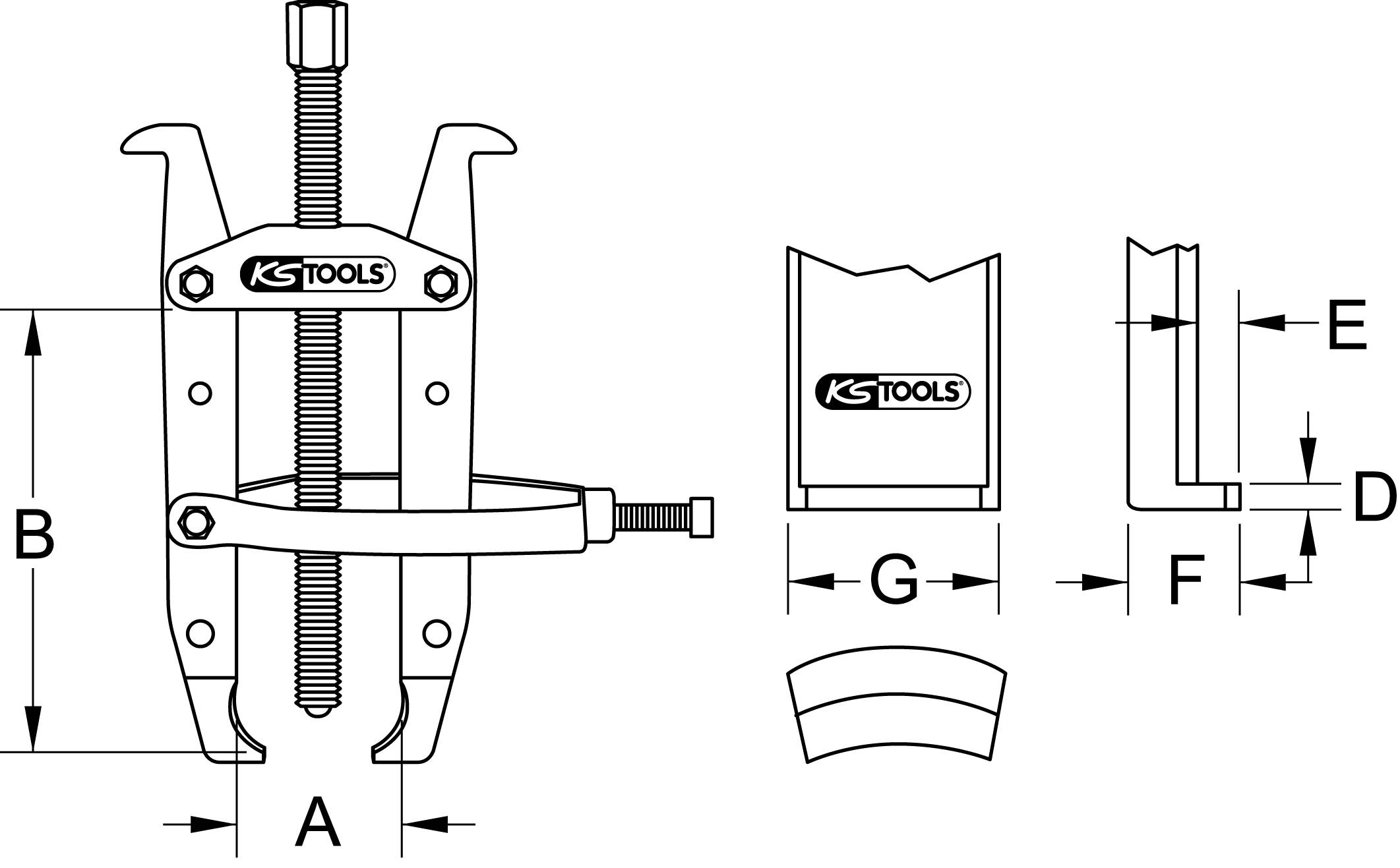 Two-armed puller with screw, marked with dimensional specifications: A (width), B (height), D, E, F, G. Removes seized parts.