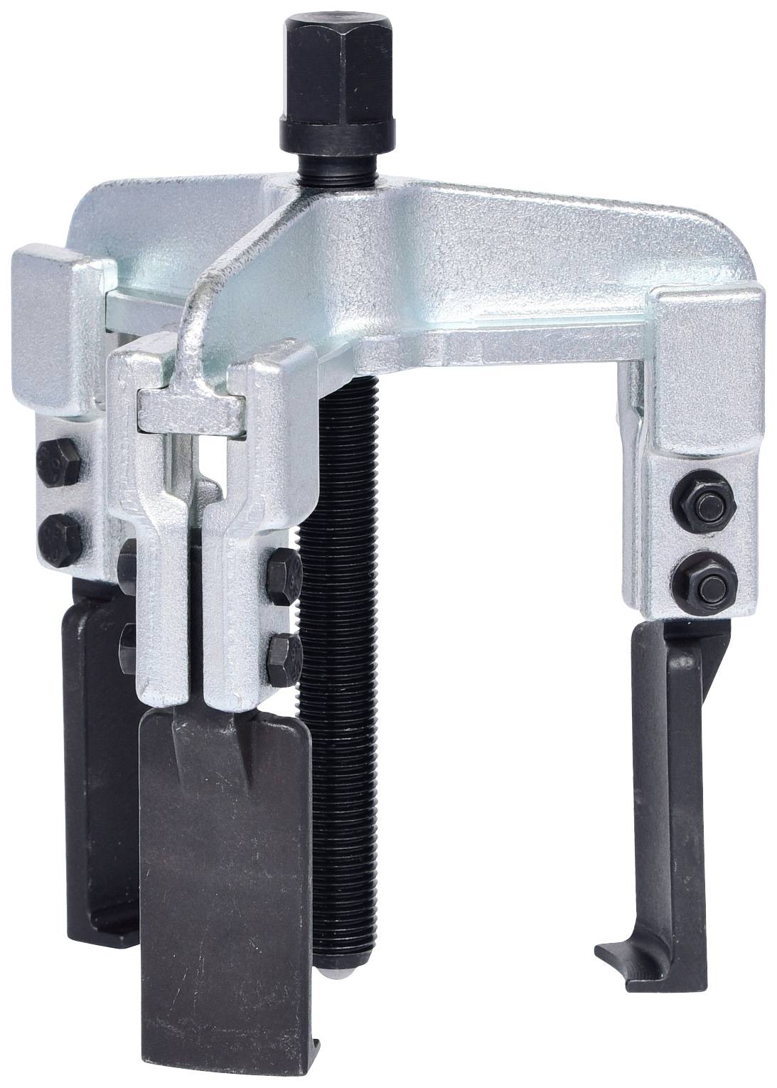 Metallic puller with adjustable arms and a central screw for assembling or disassembling parts.