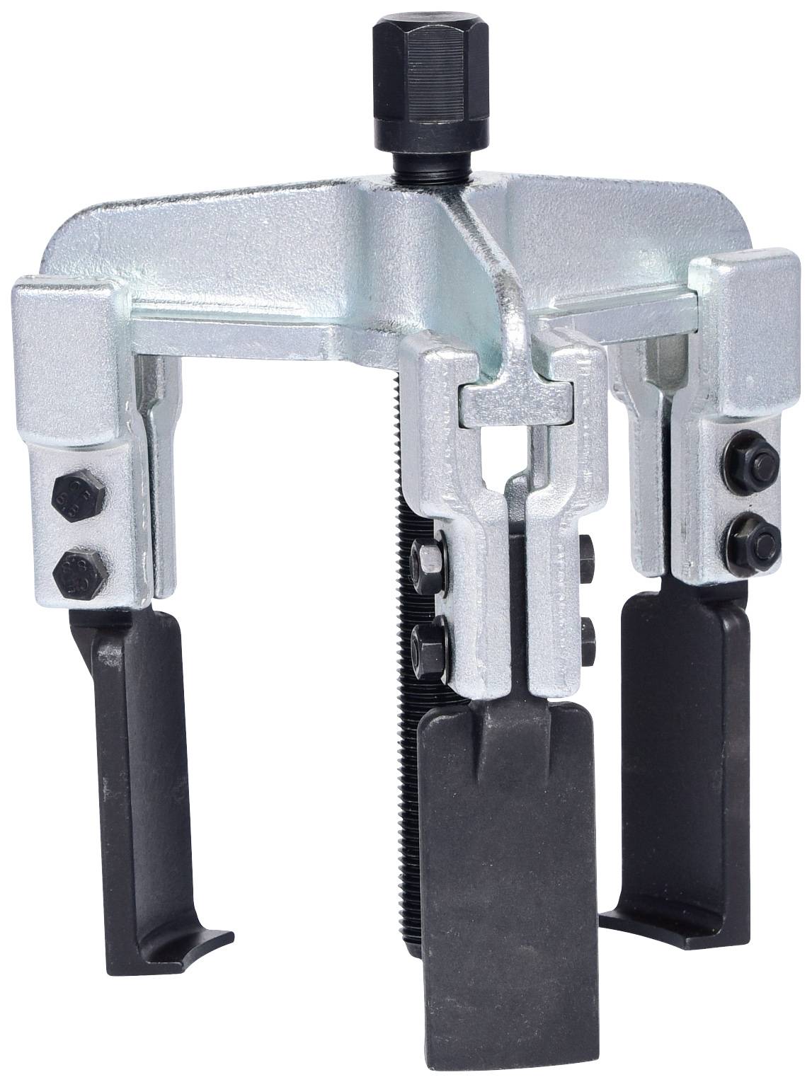 A three-legged metal puller, suitable for removing bearings or gears. Black gripping arms and central screw mechanism.
