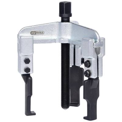 Two-legged metal puller with black gripping arms and central screw mechanism. Suitable for extracting bearings or gears.