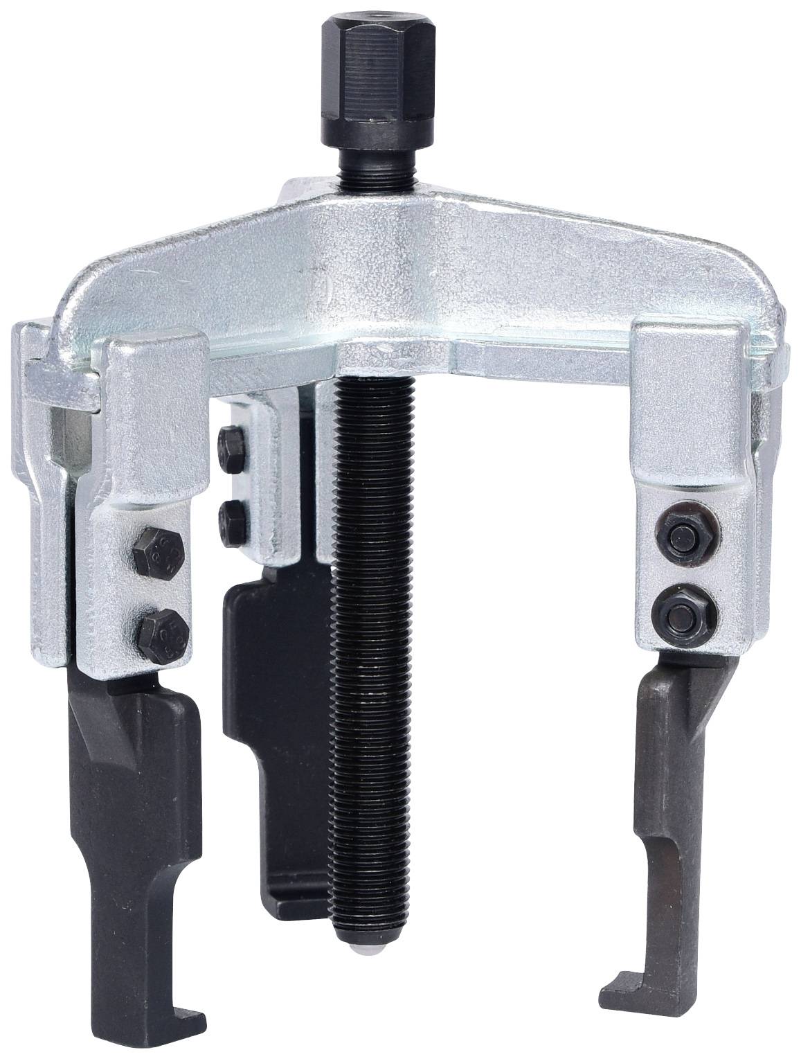 Metal puller with three gripping arms and central screw, used for removing seized bearings or gears.