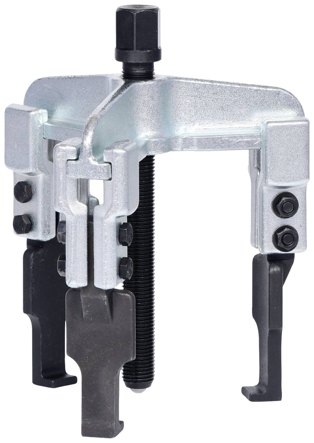 A three-jaw puller with a central bolt for removing bearings or gears, set against a white background.