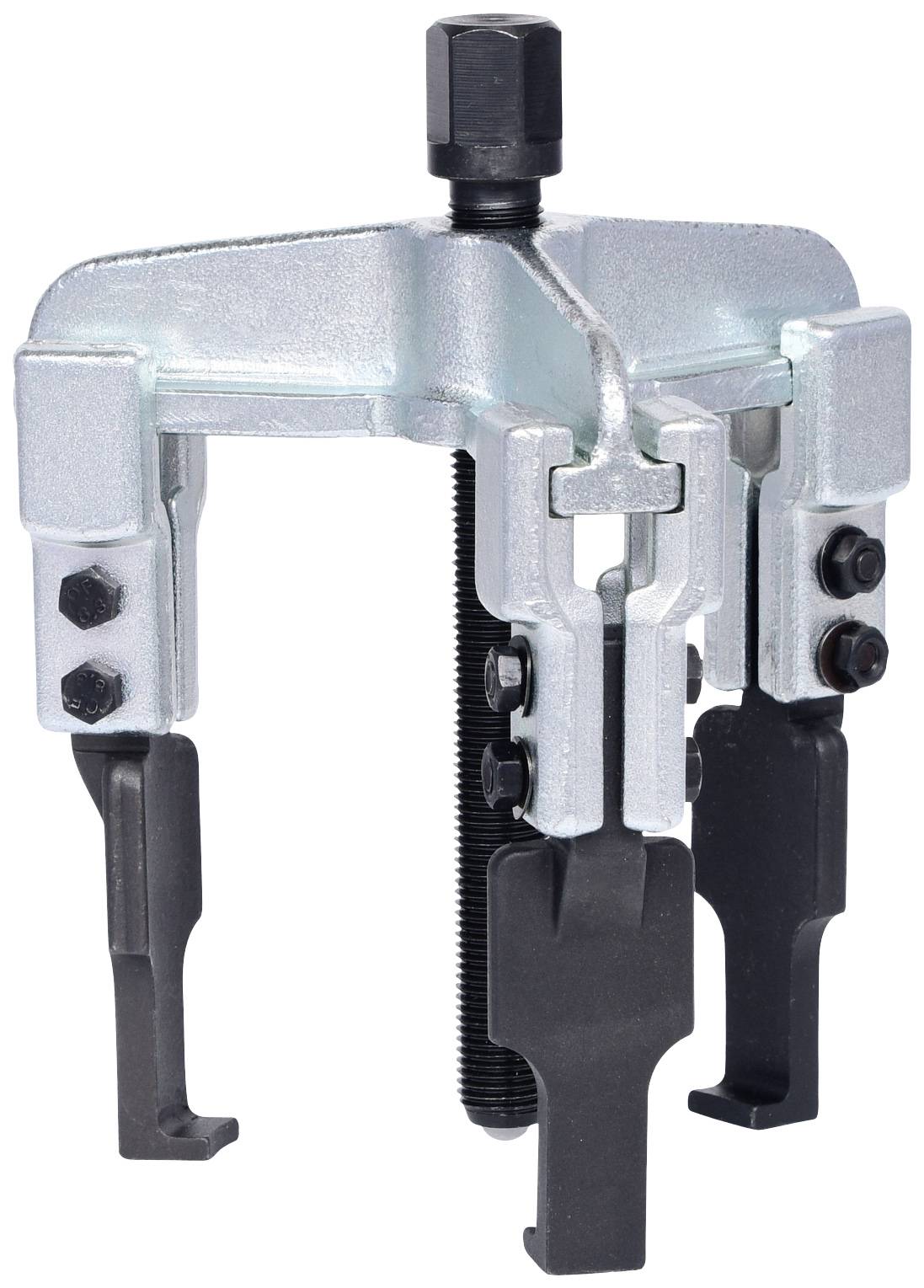 Three-armed metal puller, used for removing bearings or gears from a shaft.
