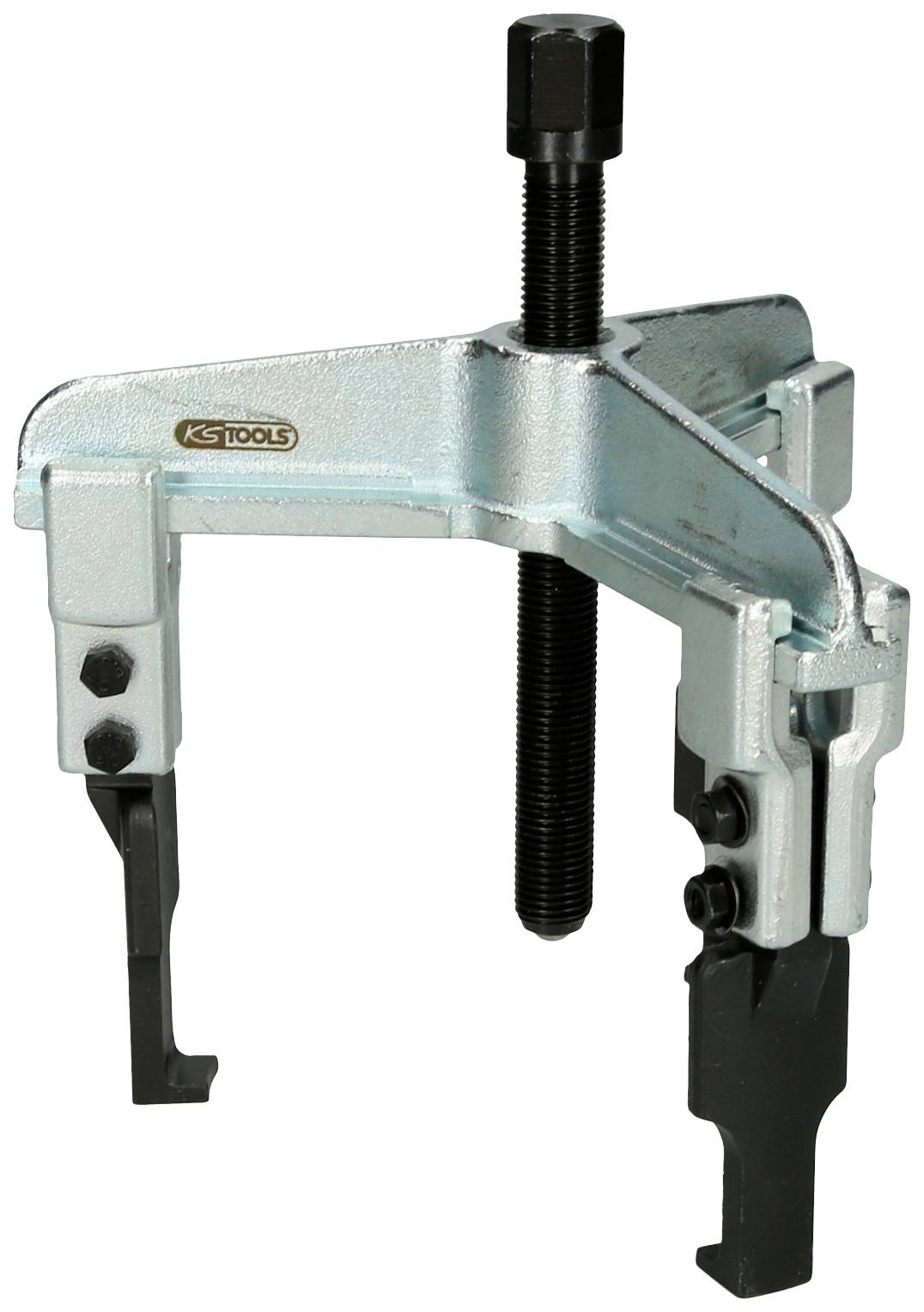 Two-legged metal puller with central threaded spindle, suitable for removing tightly fitted components.