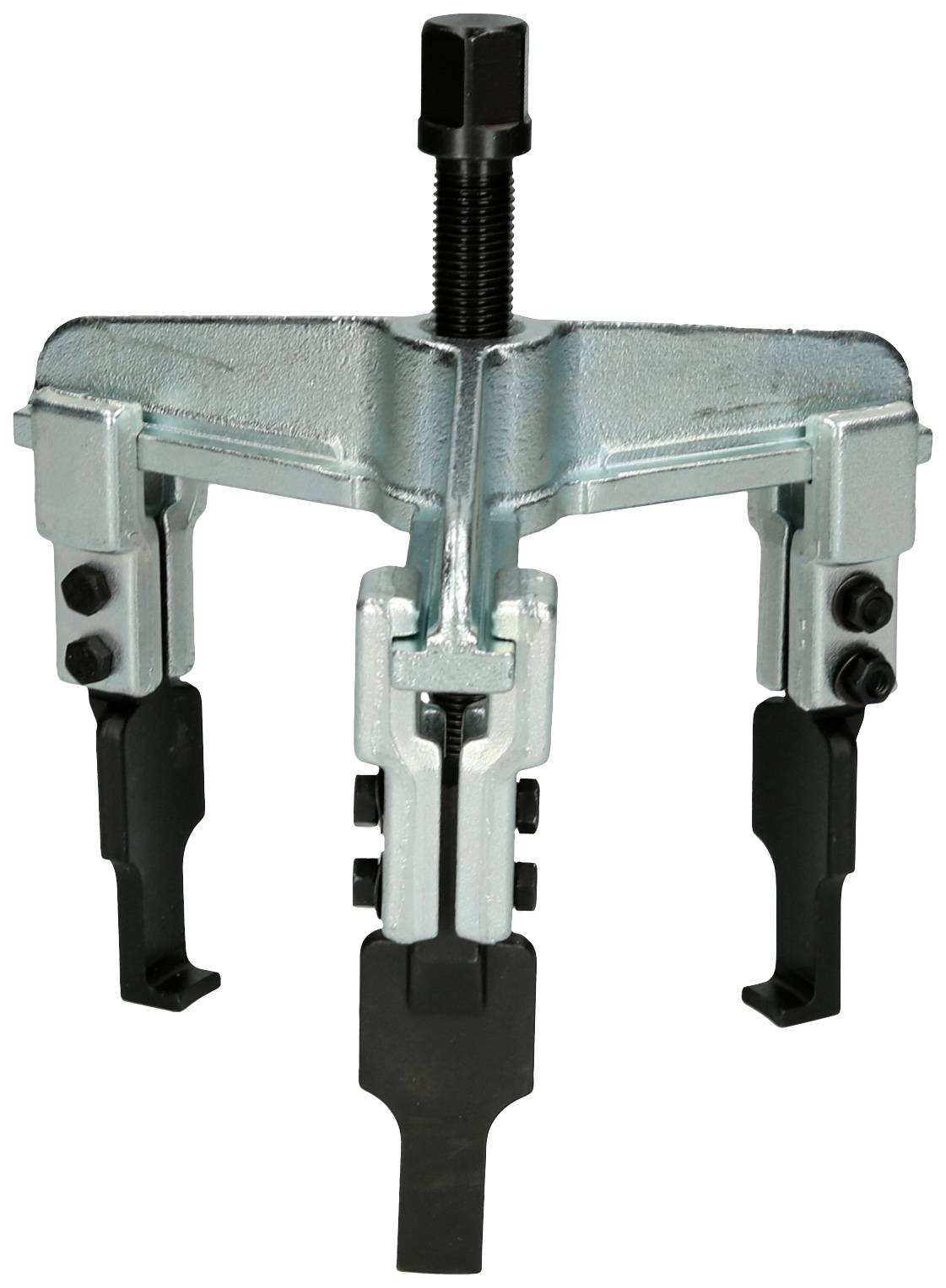 A triple-adjustable puller for mechanical applications, with a robust metal frame and adjustable arms for precise removal.