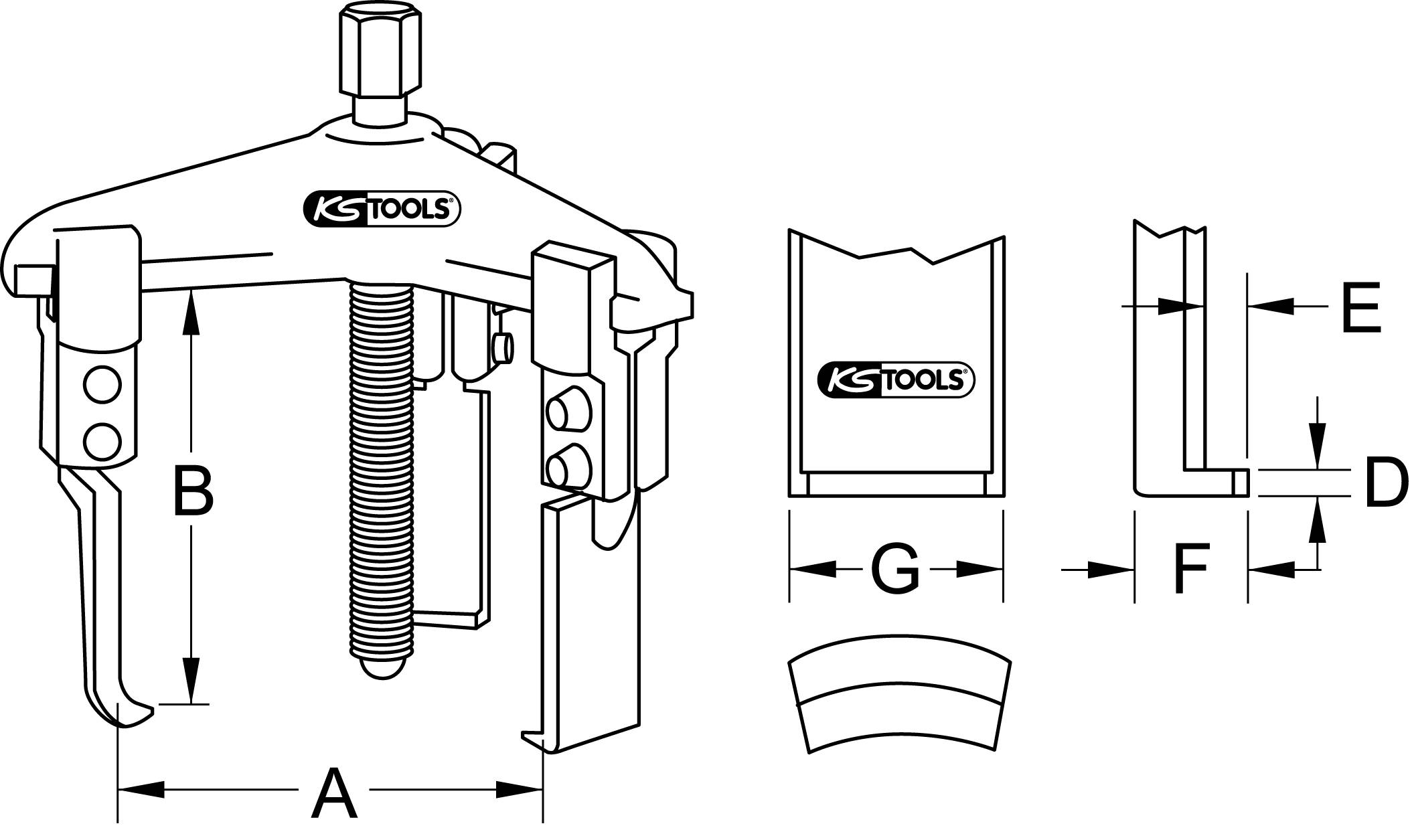 Puller Tool Diagram: Shows dimensions A to G, illustrates the construction and function for removing bearings and gears.