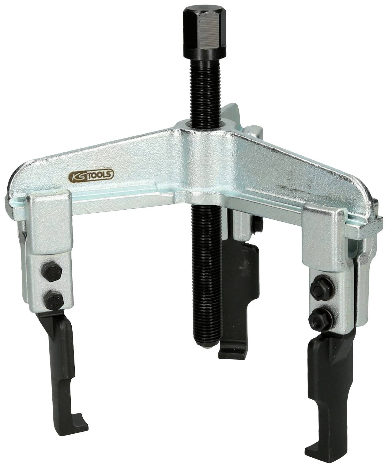 Illustration of a three-legged puller with threaded spindle, steel construction. Used for removing seized bearings or gears.