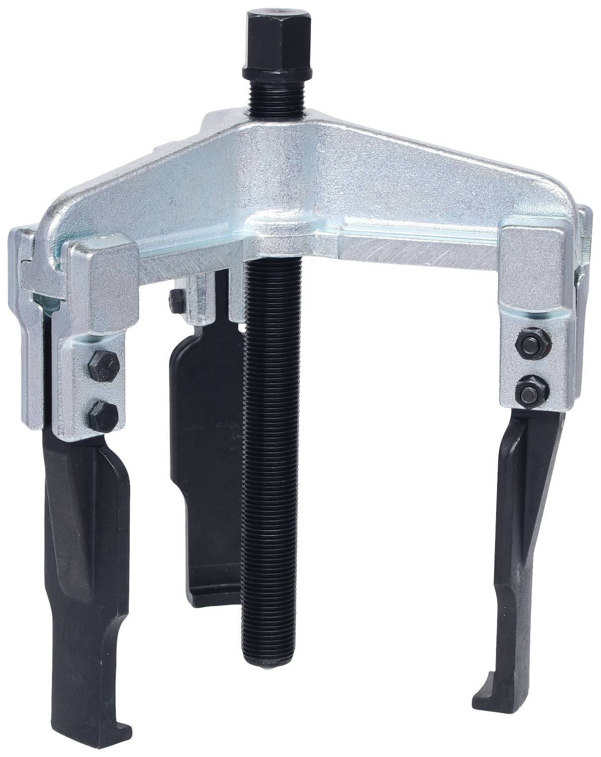 A silver three-arm metal puller with a black screw in the centre, used for removing stuck parts such as bearings.