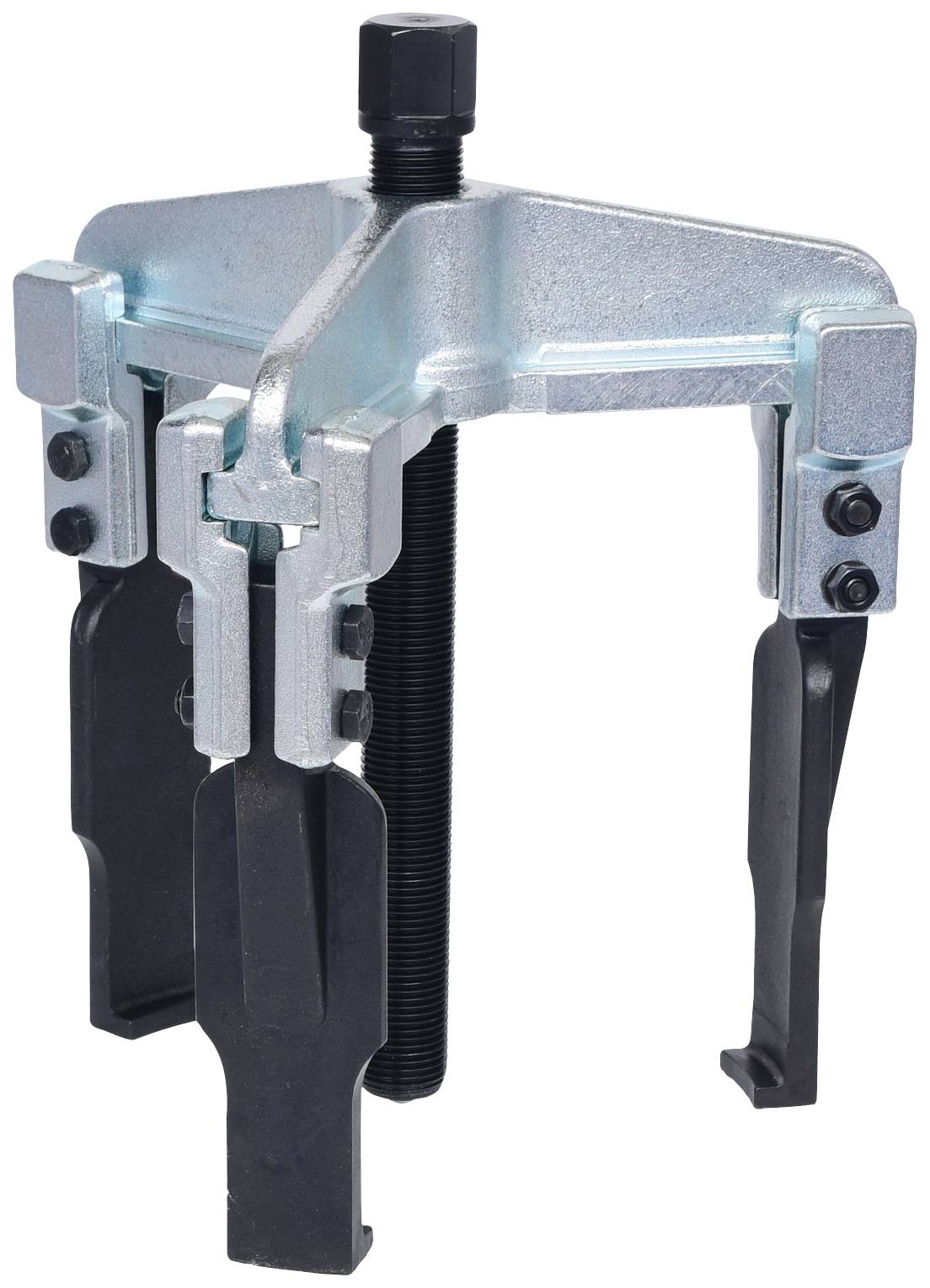 A three-legged metal puller with a screw on top, used for removing bearings or gears from shafts.