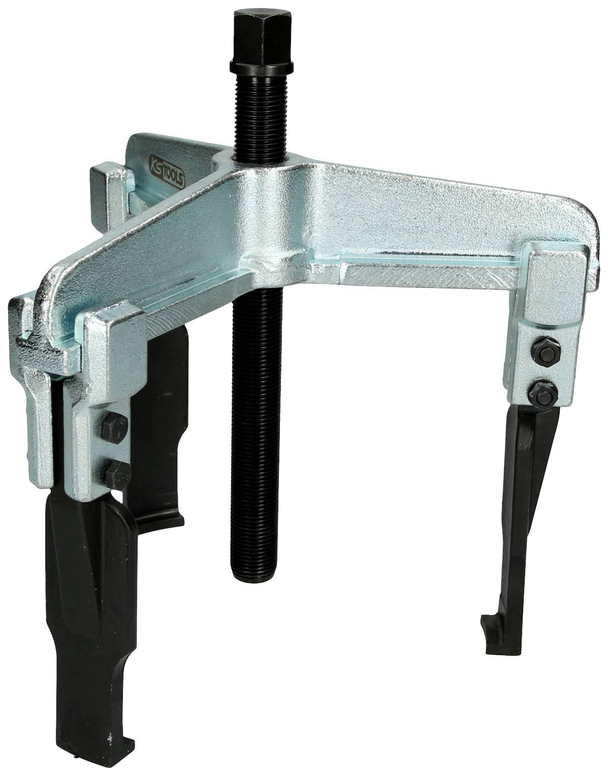 A three-legged metal puller with a central spindle, used for removing bearings or gears from a shaft.