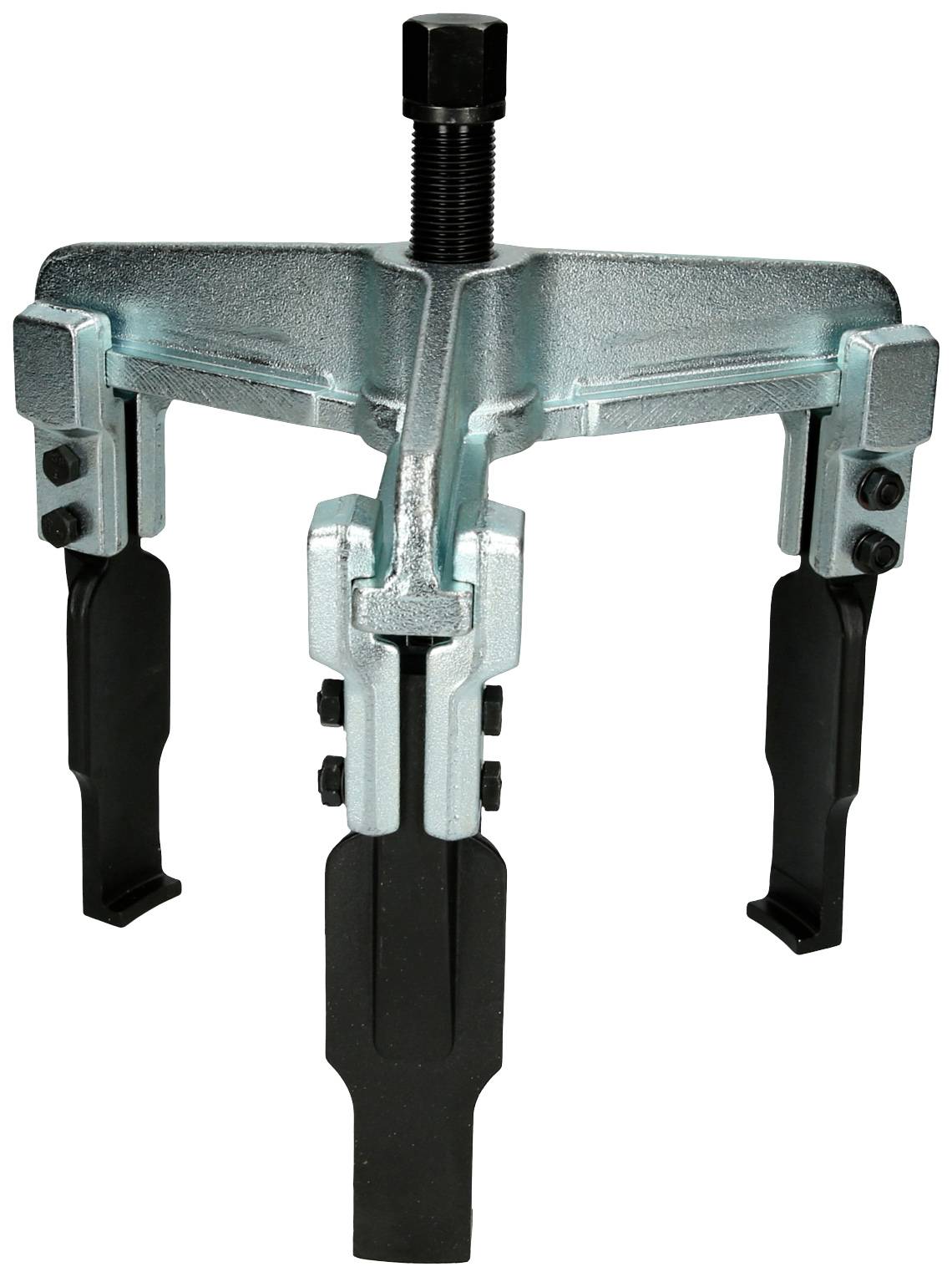 A three-legged metal puller with a screw mechanism, used for removing gears or bearings from a shaft.
