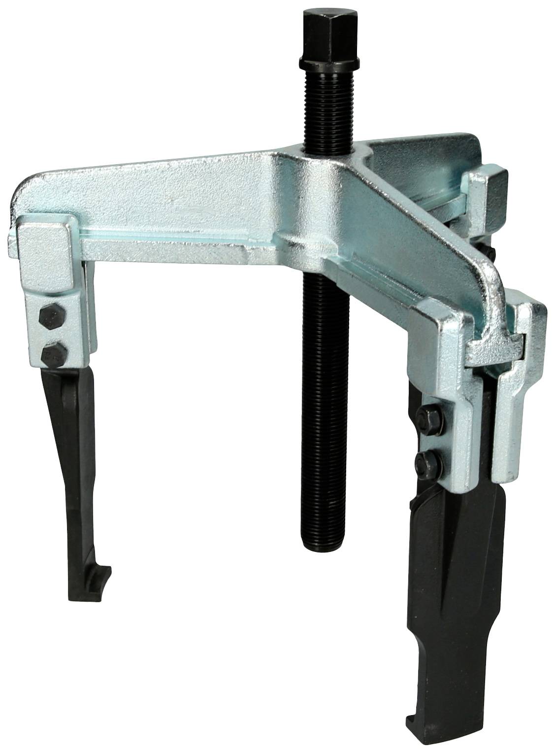 Three-legged metal puller with screw mechanism, for removing stuck parts such as gears or bearings from a shaft.