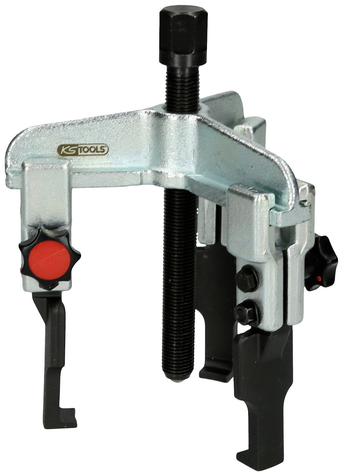 A metal puller tool with adjustable arms and a central spindle mechanism. Designed for removing stubborn parts.