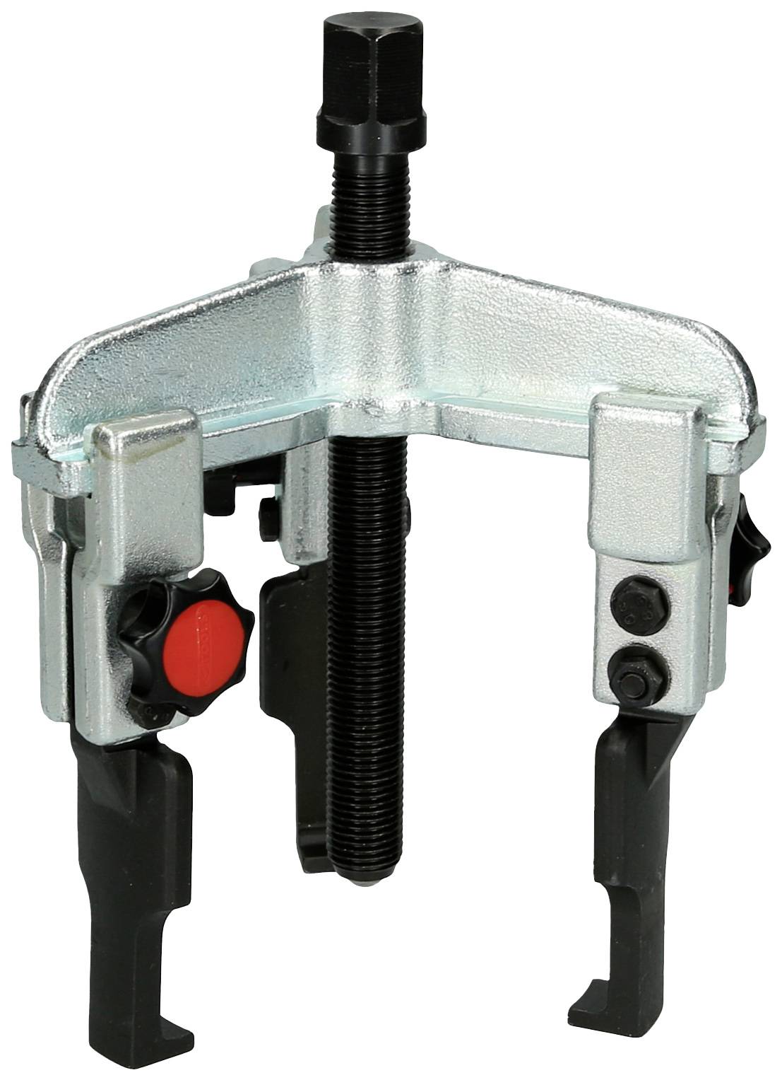 A three-legged puller with a central screw and articulated arms for removing gears or bearings in machinery.