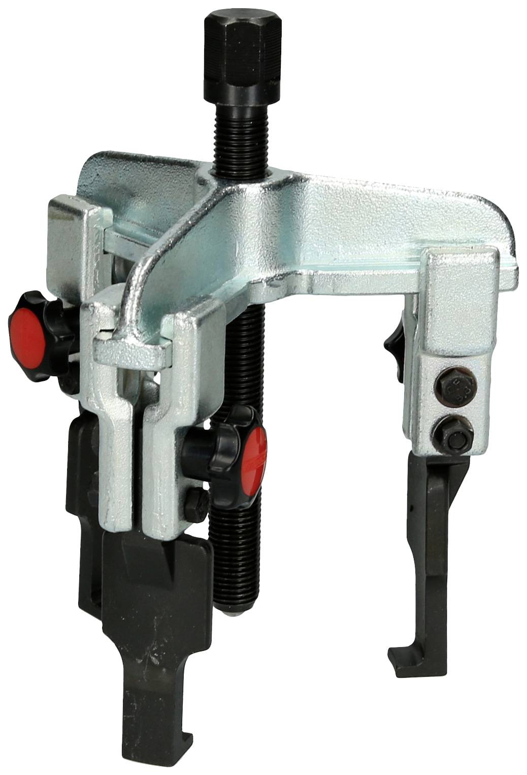 Industrial puller with two hooks and a screw for removing bearings or gears in mechanical applications.