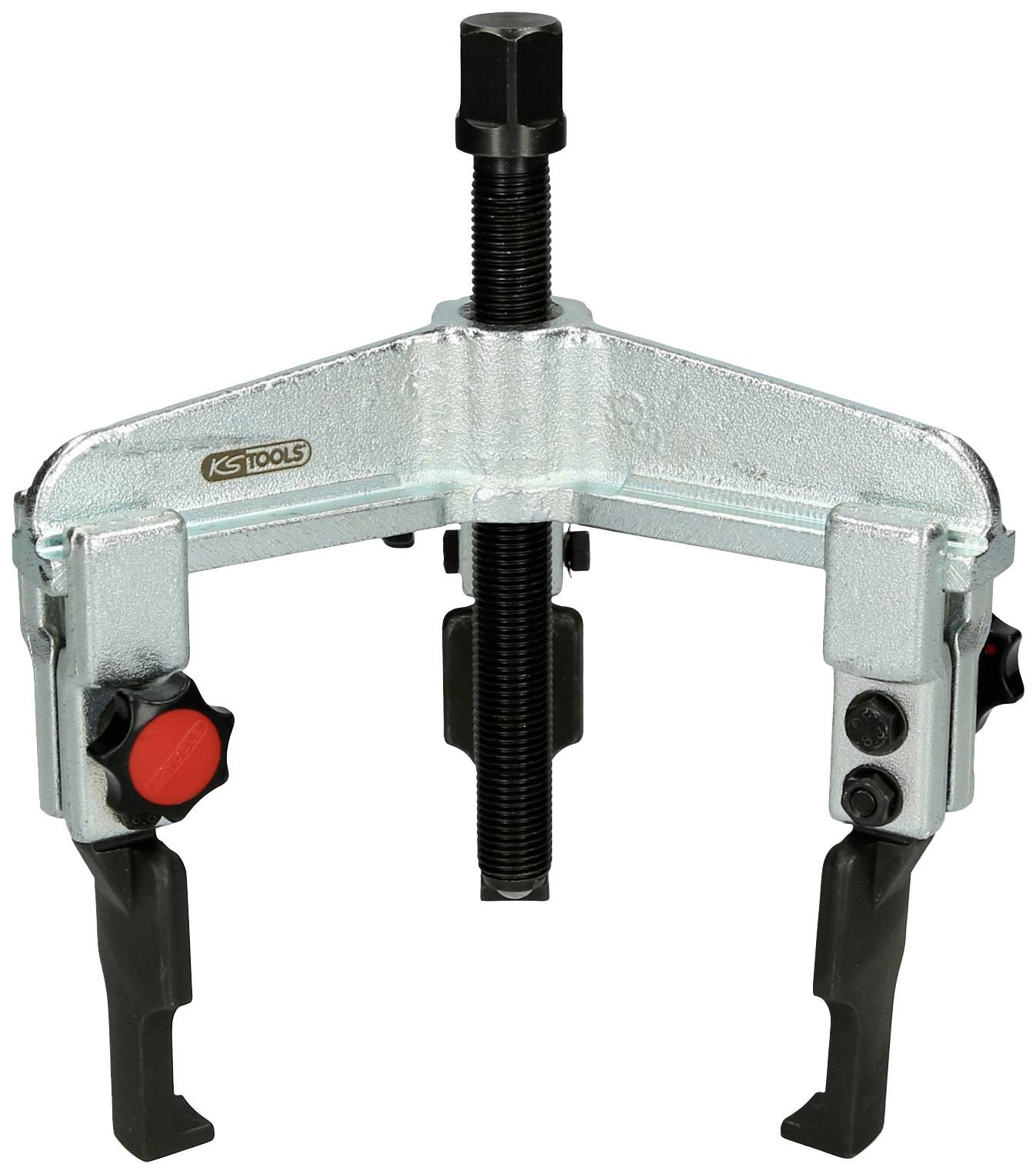 A three-legged metal puller with black threading and two red turning knobs, used for removing bearings or pulleys.